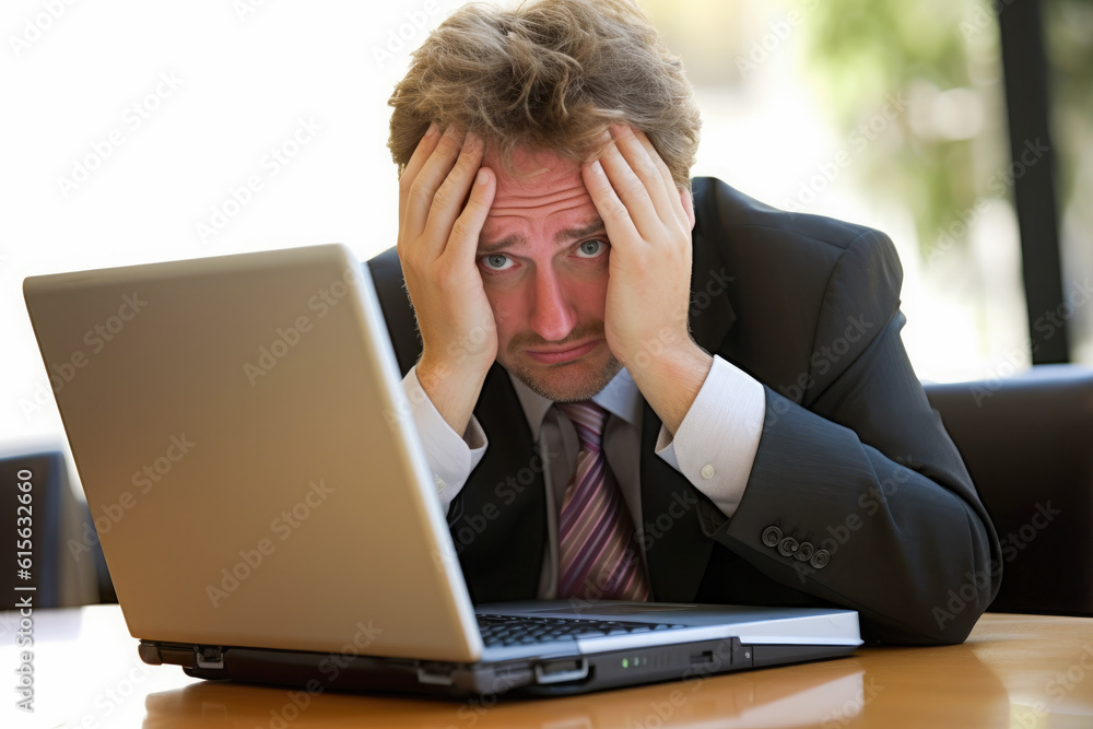 Desperate businessman with laptop, generative ai Desperate businessman with laptop, generative ai