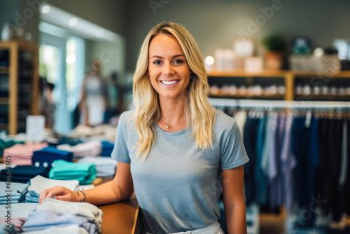 Female assistant smiling from the counter in clothing store, generative ai