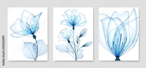 Luxurious abstract set with blue transparent flowers roses in a watercolor style. Hand drawn botanical floral set for poster design, print, decor, interior design, wallpaper.