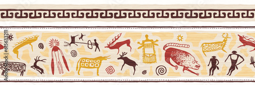 Ethnic border on the theme of rock paintings, vector design. Seamless pattern, banner.