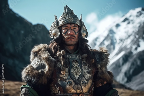 portrait of medieval Asian male Kazakh warrior in traditional armor in the mountains of Asia. Generative AI illustration