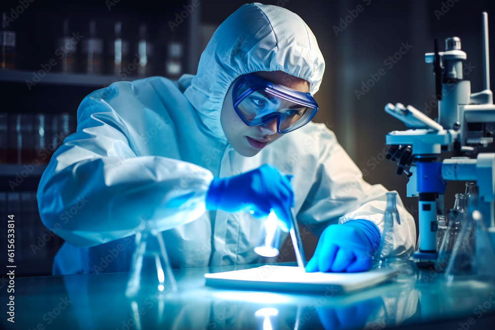 Serious concentrated female microbiologist in sterile clothing and safety goggles sitting at table and dropping reagent in Petri dish while doing research in laboratory. Generative ai Serious concentrated female microbiologist in sterile clothing and safety goggles sitting at table and dropping reagent in Petri dish while doing research in laboratory. Generative ai