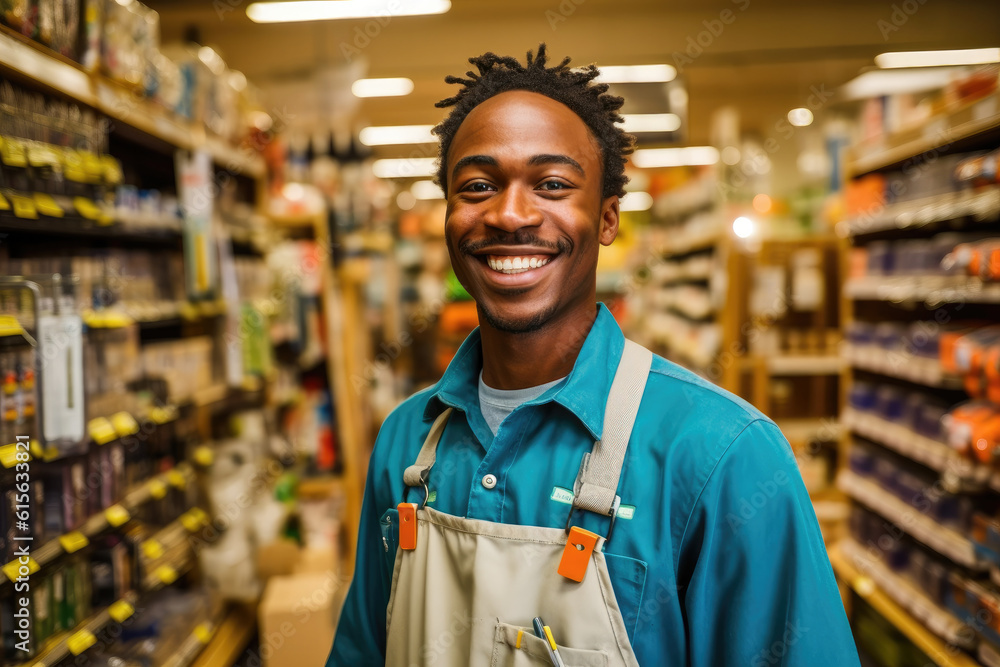 Fototapeta premium Black smiling hardware store worker, generative ai