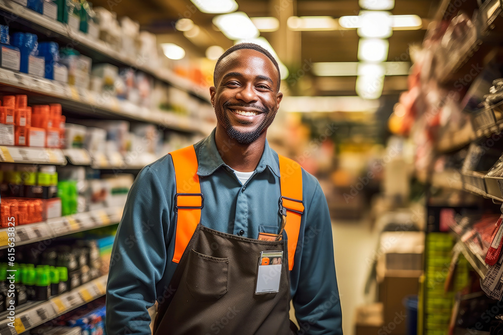 Black smiling hardware store worker, generative ai Black smiling hardware store worker, generative ai