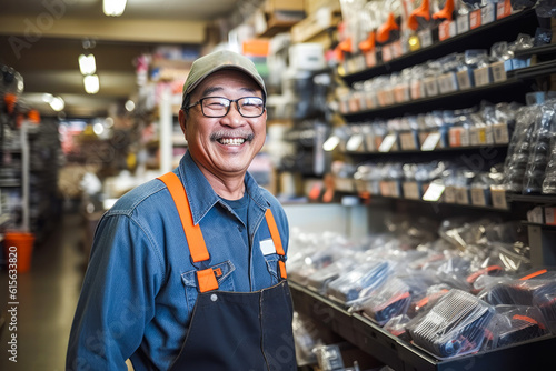 Fototapete Asian smiling and happy hardware store worker