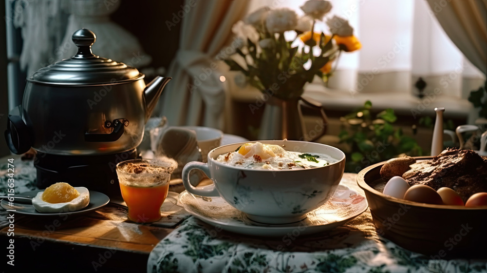 some food on a table with flowers in the background and an open teapot next to it that is filled with orange juice