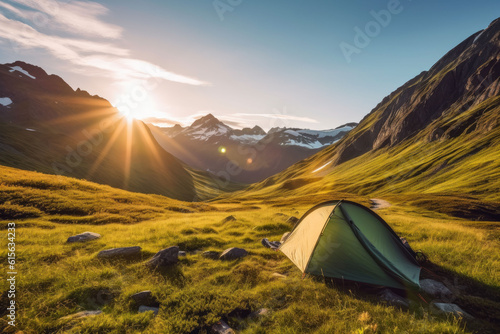 Morning in mountains with tent, with sun rising. Rise and shine. Generative AI