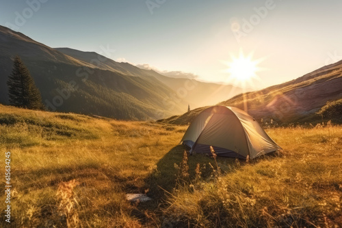 Morning in mountains with tent  with sun rising. Rise and shine. Generative AI