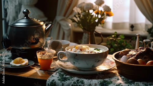 some food on a table with flowers in the background and an open teapot next to it that is filled with orange juice