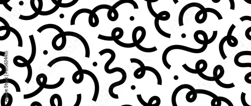Abstract doodle lines seamless pattern. Black and white confetti and serpentine streamer repeating background. Cute childish scribble shapes and curved stripes wallpaper. Vector backdrop 