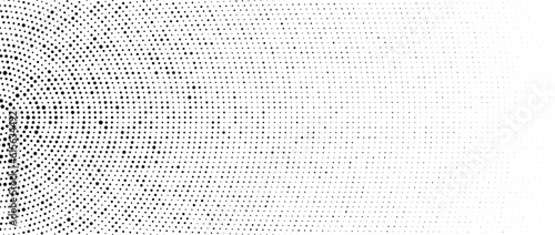 Halftone concentric dot lines background. Spotted and dotted half circles gradient. Radial fading comic texture. Black and white dashed gritty wallpaper. Grunge monochrome pop art backdrop. Vector
