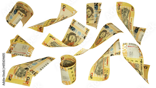 3D rendering of 20 Sierra Leonean Leone notes flying in different angles and orientations isolated on white background