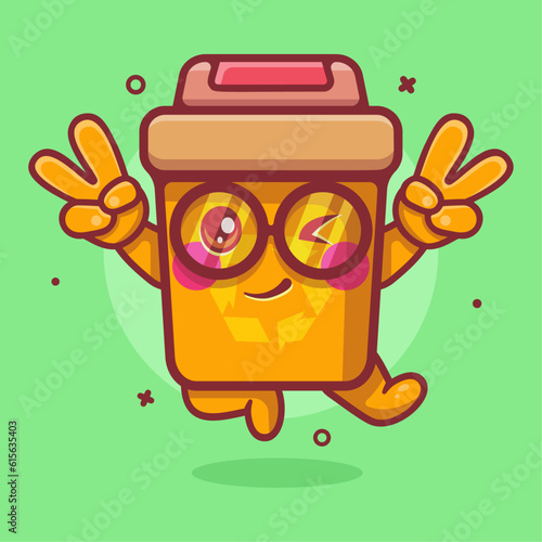 cute recycle bin character mascot with peace sign hand gesture isolated cartoon in flat style design 