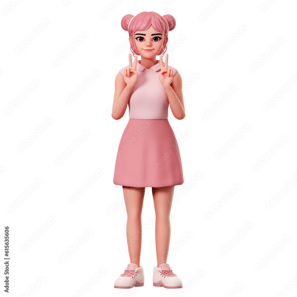 Cute female character with double buns Showing peace pose using both hand, 3D Character Render Illustration Cute female character with double buns Showing peace pose using both hand, 3D Character Render Illustration