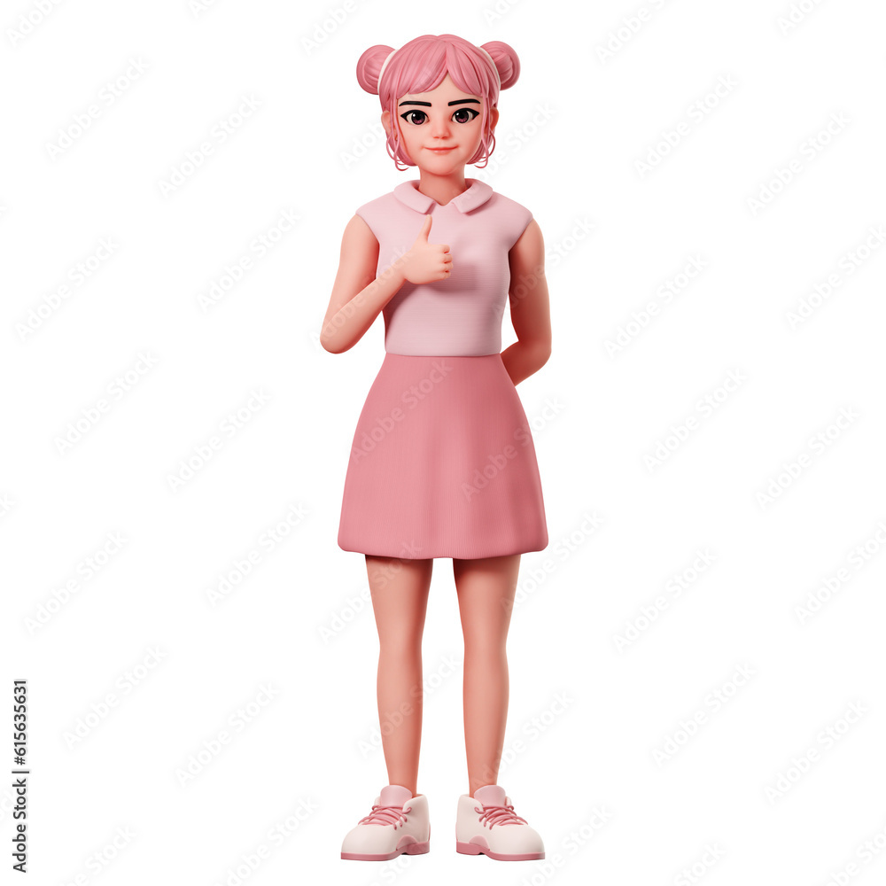 Cute female character with double buns showing Thumbs ups pose using left hand, 3D Character Render Illustration Cute female character with double buns showing Thumbs ups pose using left hand, 3D Character Render Illustration