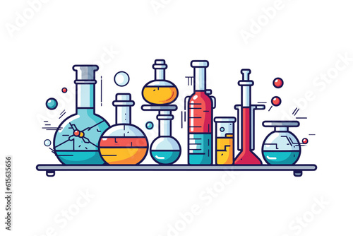Lab chemical research with beaker. Chemistry class desk. Flat vector illustration isolated on white background