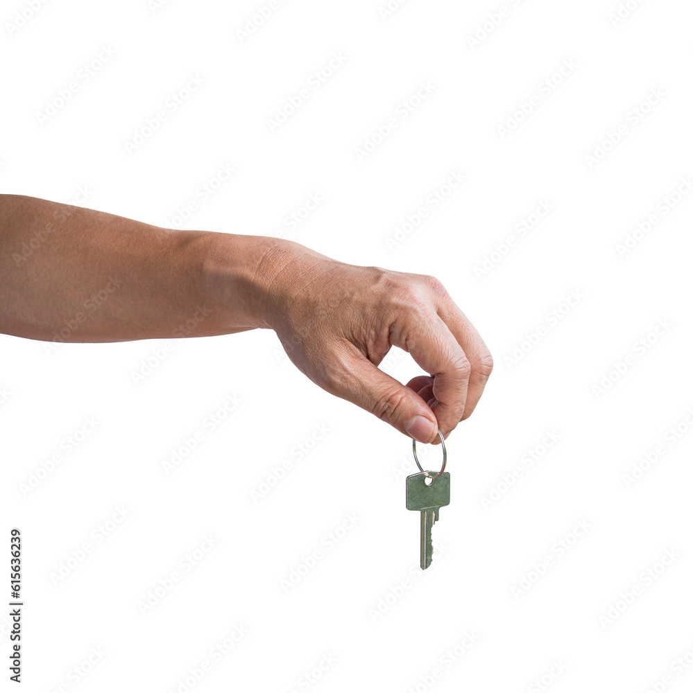 Hand holding a key, dangling. Side view, isolated. Transparent background. Hand holding a key, dangling. Side view, isolated. Transparent background.