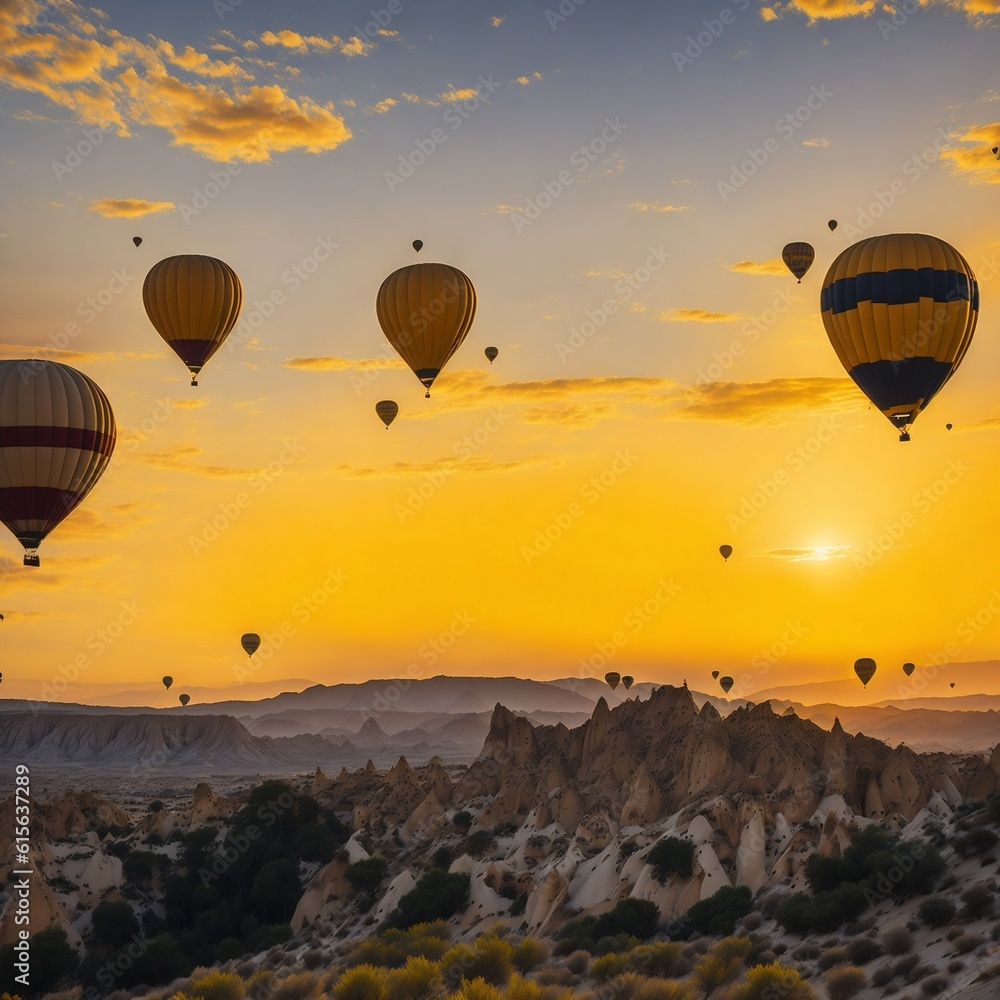 Naklejka premium Three_hot_air_balloons_drift_through_the_go