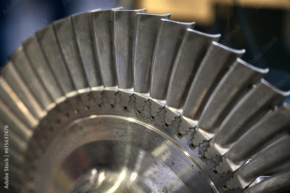 Rotor detail with thin blades crown on shaft in car workshop Rotor detail with thin blades crown on shaft in car workshop