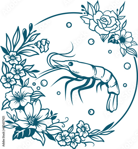 Abstract Shrimp Tattoo Silhouette with Floral Accent