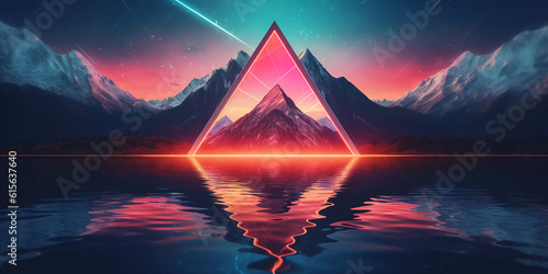 Abstract neon background with geometric triangle shape, Beautiful frame and extraterrestrial landscape under the night sky and Rocks. Futuristic minimalist wallpaper. Created with Generative AI.