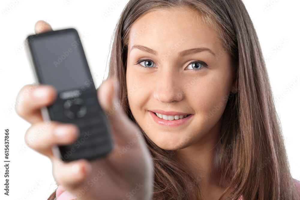 Close-up portrait of young woman with phone isolated on white background Close-up portrait of young woman with phone isolated on white background
