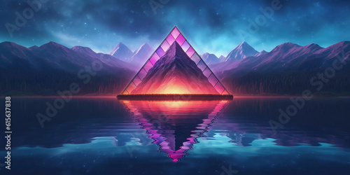 Abstract neon background with geometric triangle shape, Beautiful frame and extraterrestrial landscape under the night sky and Rocks. Futuristic minimalist wallpaper. Created with Generative AI.
