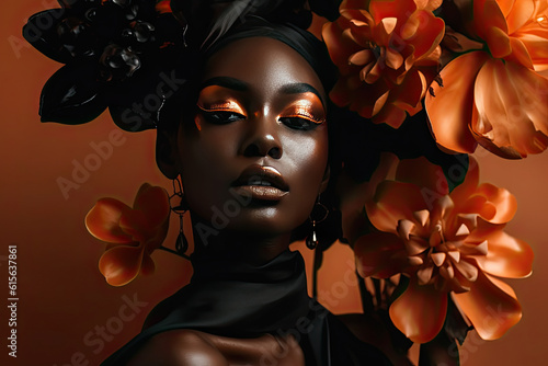 a woman with orange flowers on her head and black hair, in front of an orange background she is looking at the camera