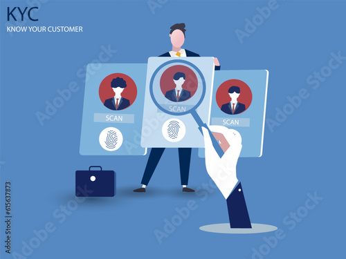 KYC or know your customer with business verifying the identity of its clients concept at the partners-to-be through a magnifying glass vector illustrator.