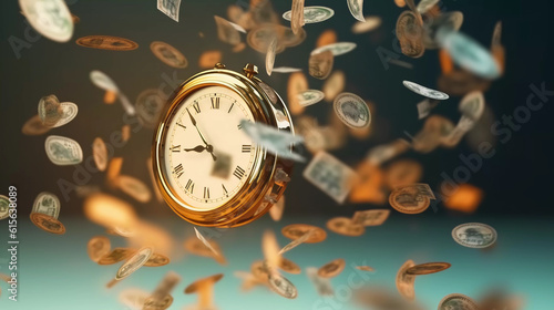 Money coins with retro alarm clock, Return on investment, deposit, growth of income, retirement and savings. Time is money concept, Generative AI photo