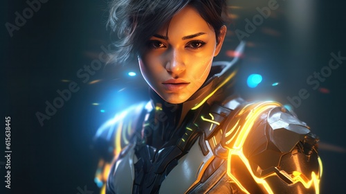 Beautiful female fighter in armor with neon lights. 3d illustration.