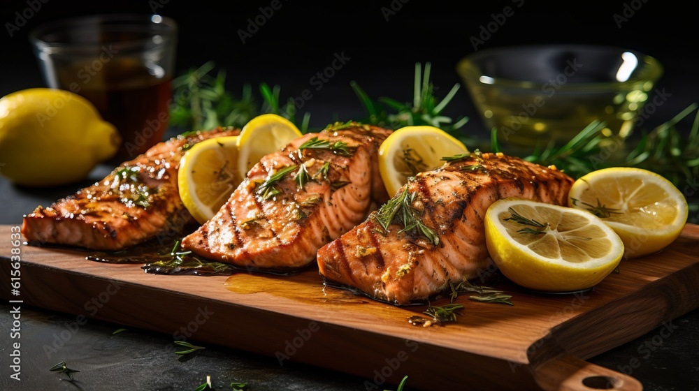 Grilled Salmon Displayed on Wooden Carving Board