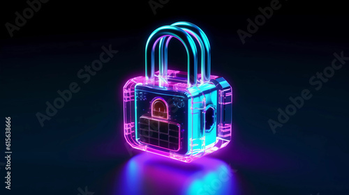 Neon Lock icon for cyber security of digital data, futuristic holographic padlock, Online privacy, Secure internet icon. Generative AI.