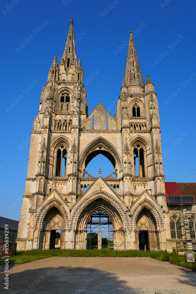 The gothic facade of the church of the Abbey of Saint Jean des Vignes in the town of Soissons, Picardy, France is all that remains of the building, which was demolished during the French Revolution