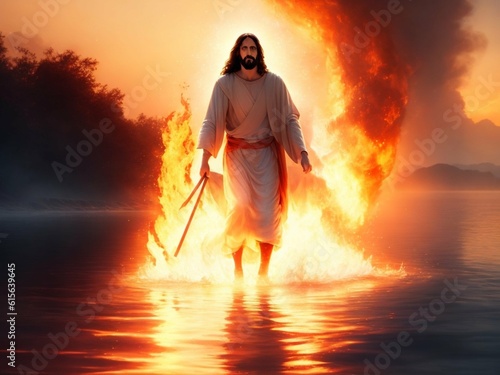 Jesus Walking on Water amidst Fiery Illumination