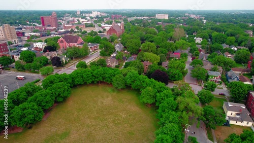 Ingersoll Centennial Park aerial revealing suburbs community of Rockford Illinois, USA. 4k Summer beautiful scenic view photo