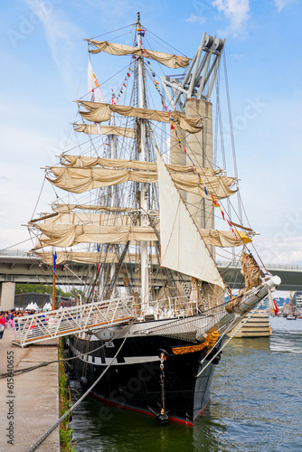 Rouen, France - June 17, 2023: "Belem" sailing vessel moored on the quays of the Seine in Rouen in Normandy for the Armada, a gathering of historic schooners