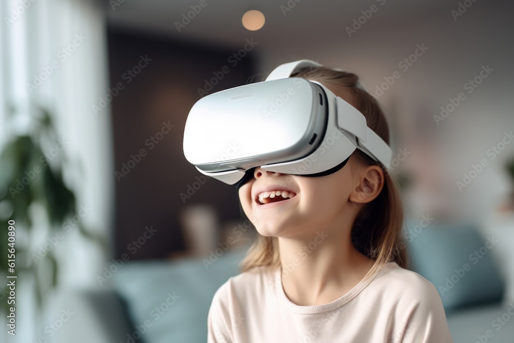 Little girl having fun time using VR glasses at home for learning Homeschooling concept. Modern technology is used by the family. Selective focus. Little girl having fun time using VR glasses at home for learning Homeschooling concept. Modern technology is used by the family. Selective focus.
