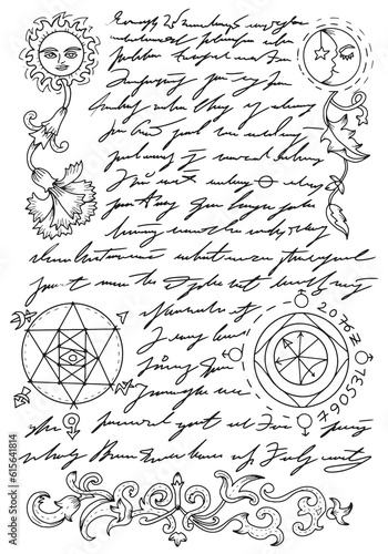 Vector Page with magic spells, pentagram and drawings from witch book on white background.