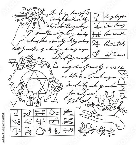 Vector Page with magic spells and mystic drawings from witch book on white background. No foreign language, all symbols are fantasy.