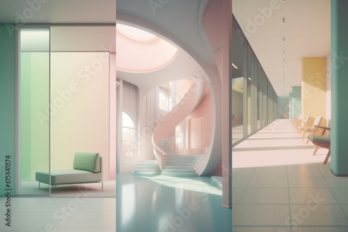 Colorful empty modern architecture interiors (liminal spaces) bundle of 3 vertical images
