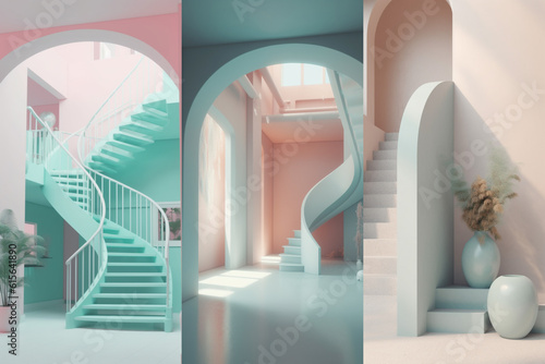 Colorful empty modern architecture interiors (liminal spaces) bundle of 3 vertical images