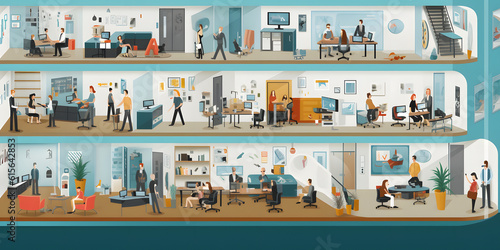 Illustration of office environments with people working