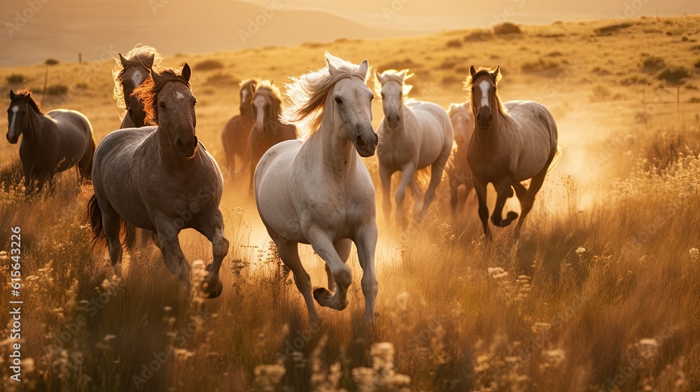 Obraz premium wild horses galloping, detailed and realistic, generative ai