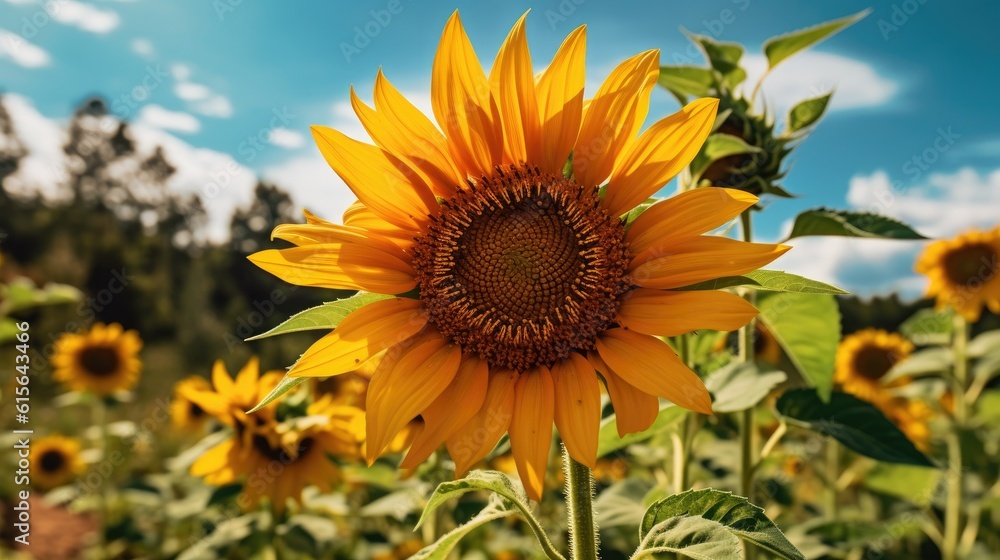 Fototapeta premium a sunflower in a bright field, detailed and realistic, generative ai