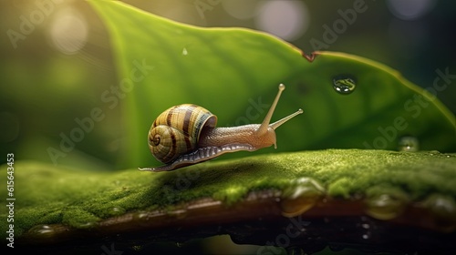 a tiny snail making its slow journey across a leaf, detailed and realistic, generative ai