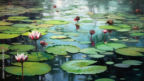 the surface of a calm pond with floating lily pads, generative ai