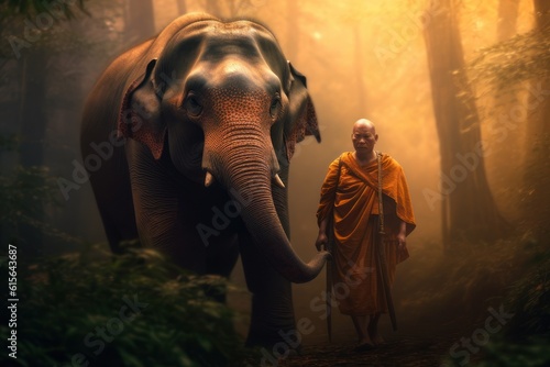 A Buddhist monk with the elephant in the forest, Cambodia.