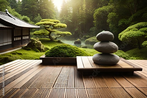 zen garden with stone bridge