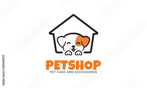 Pet shop and pet care logo. Cute dog with dog house vector design
